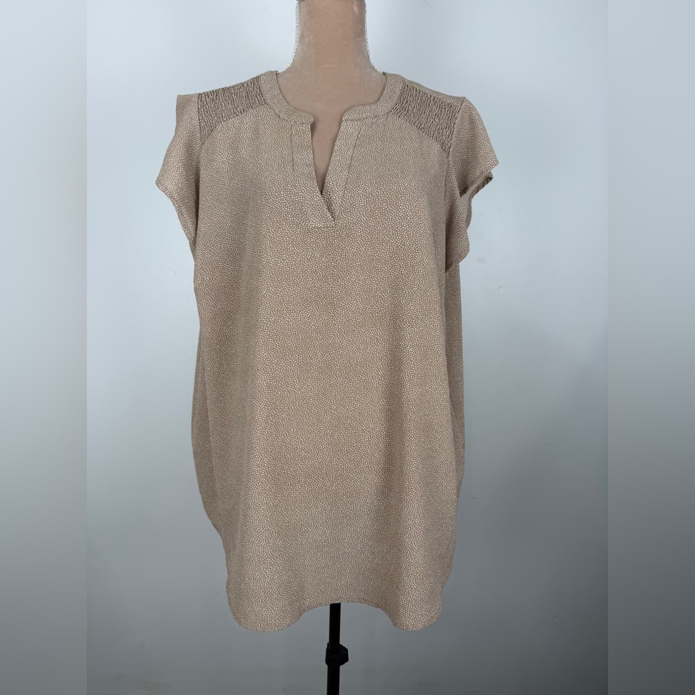 Adrianna Papell Beige Cap-Sleeve Split-Neck Tunic